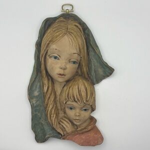 Vintage Hand Carved Religious Wall Plaque Madonna & Child Signed Bertagna Italy